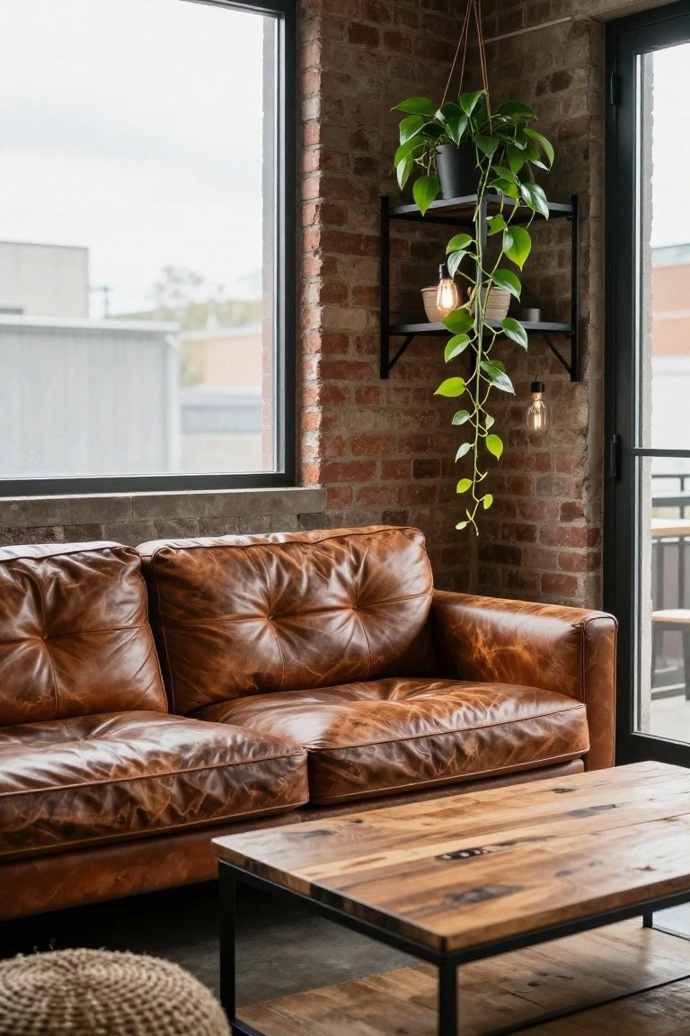 Tufted brown leather sectional sofa with chaise facing a reclaimed wood coffee table on a concrete floor in a room with exposed brick walls, metal shelves holding plants, and large windows.