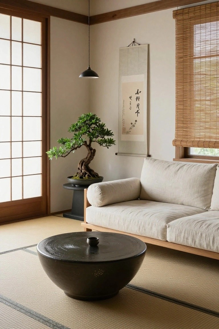 A minimalist Japanese living room with tatami flooring, a low cream fabric sofa, black round coffee table, bonsai tree on pedestal, hanging scroll, and shoji screen door.