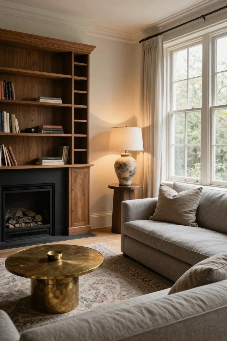 Light gray sectional sofa with chaise lounge positioned on a patterned rug in front of wooden bookshelves, black fireplace, brass coffee table, ceramic lamp, and large curtained windows in a living room.