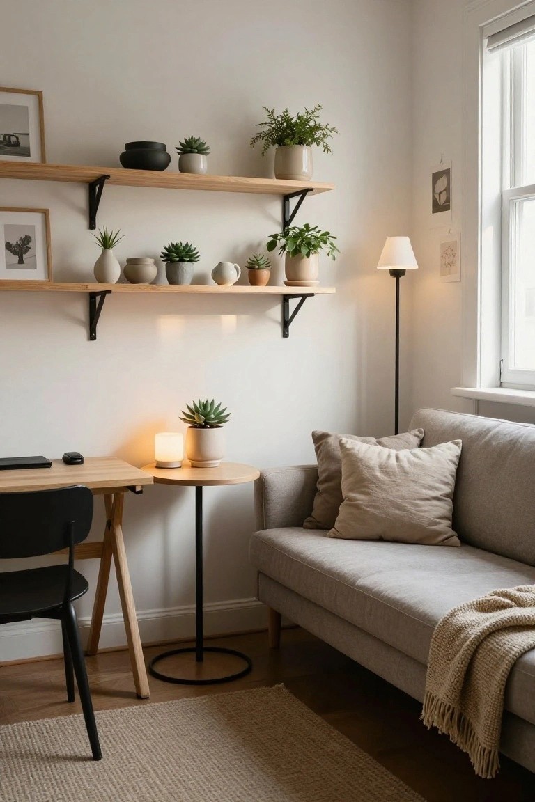 Indoor room corner with oak floating shelves displaying plants in ceramic pots and vases, a wooden desk with black chair, round wooden side table holding a lamp and potted succulent, light gray sofa with beige pillows and knit throw, neutral walls, floor lamp, and seagrass rug.