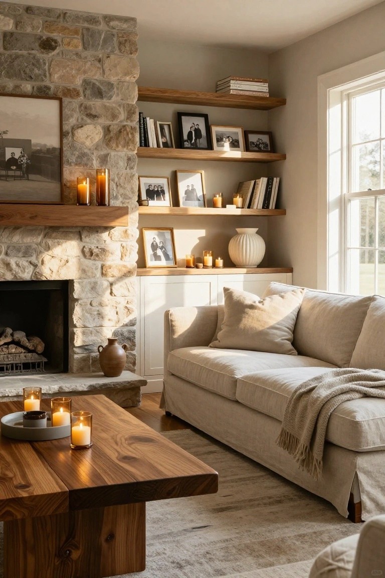 Cozy living room corner with cream slipcovered sectional sofa featuring chaise lounge, stone fireplace with firewood, wooden floating shelves holding photos books and candles, wooden coffee table with candles, and neutral rug.