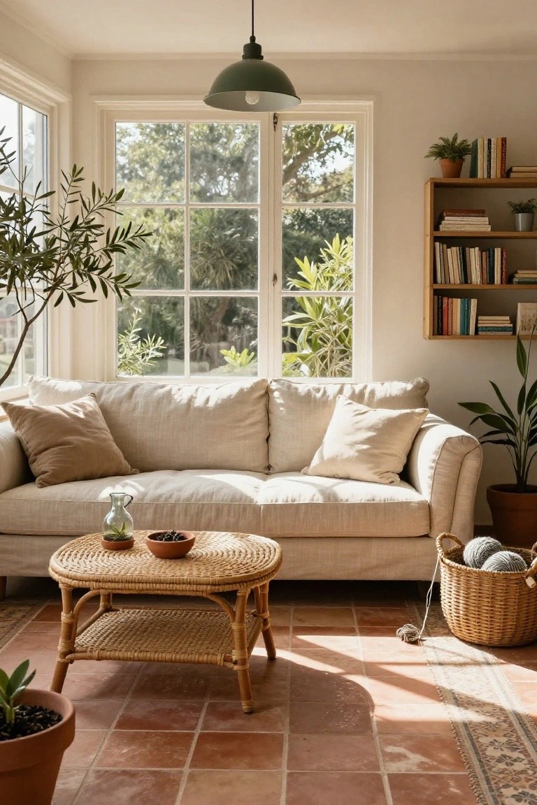 Sunlit sunroom interior with cream linen sofa, rattan coffee table holding small pots and vase, yarn basket, potted plants, wooden bookshelves, large multi-pane windows overlooking trees and garden, and terracotta tile floor.