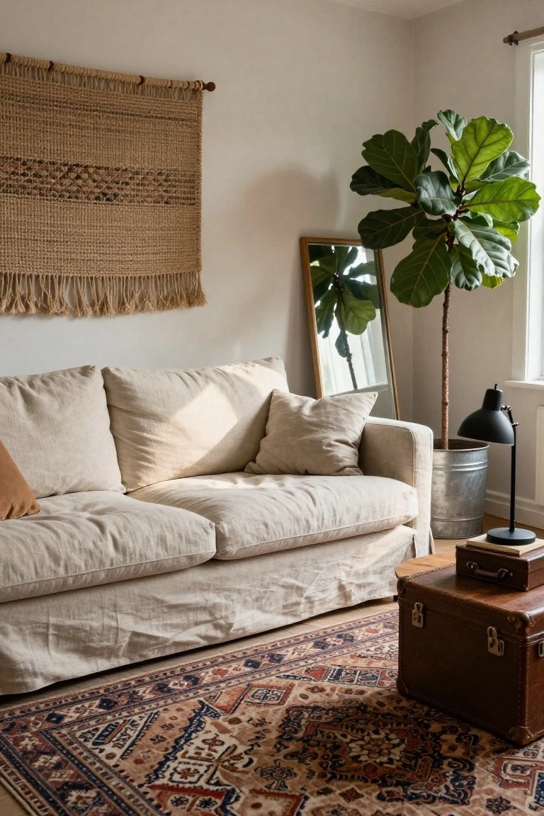 A beige linen slipcovered L-shaped sofa with chaise sits on a patterned rug in a bright living room corner, beside a large potted fiddle leaf fig plant, a floor lamp on a wooden crate, and a leaning mirror.
