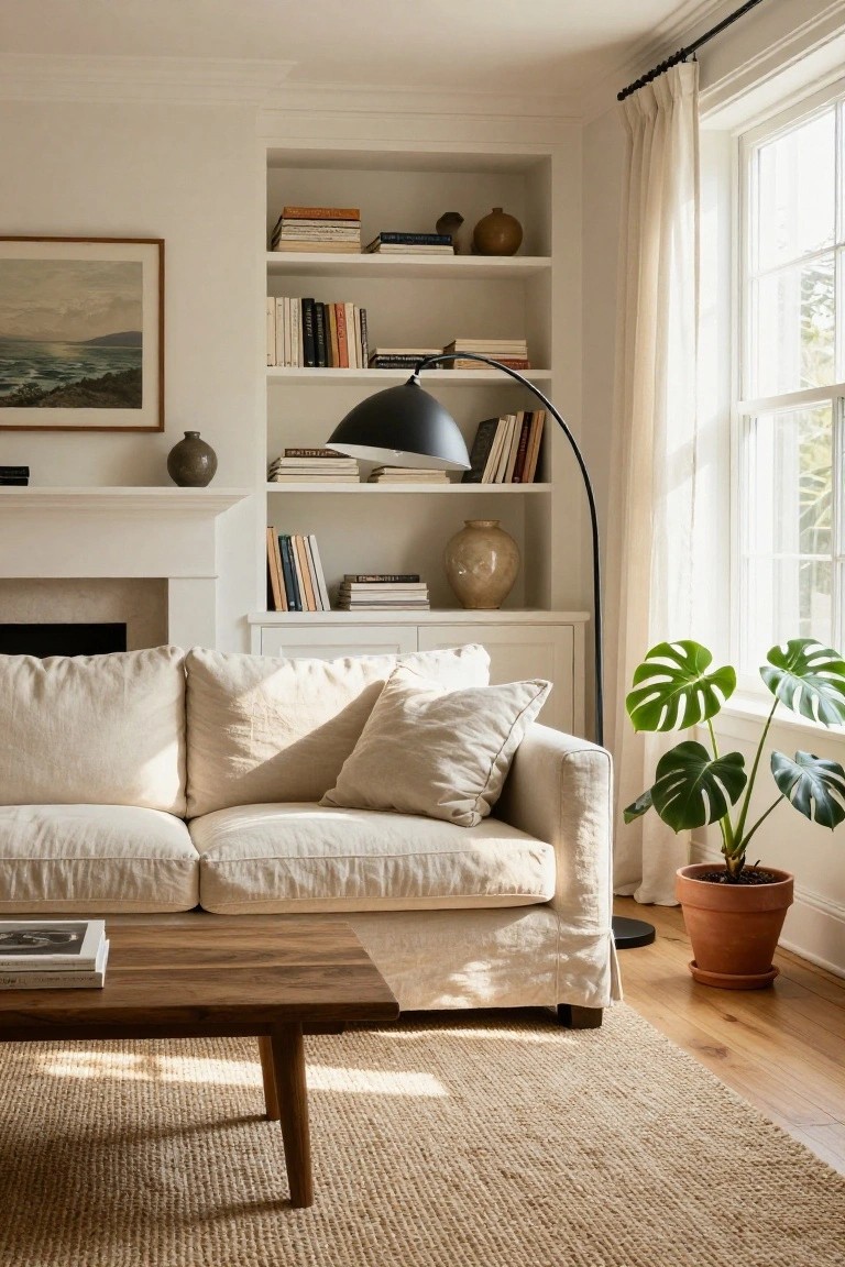 A white slipcovered L-shaped sofa with chaise lounge on a seagrass rug in a bright living room with white built-in bookshelves, a fireplace mantel, arc floor lamp, and potted plants near large windows.