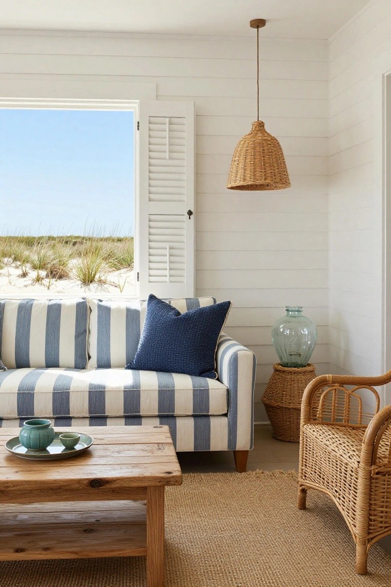 White shiplap-walled living room with blue and white striped sofa, navy pillows, wooden coffee table holding teacups, rattan chair and basket, glass vase on pedestal, and open shuttered window to beach dunes under blue sky