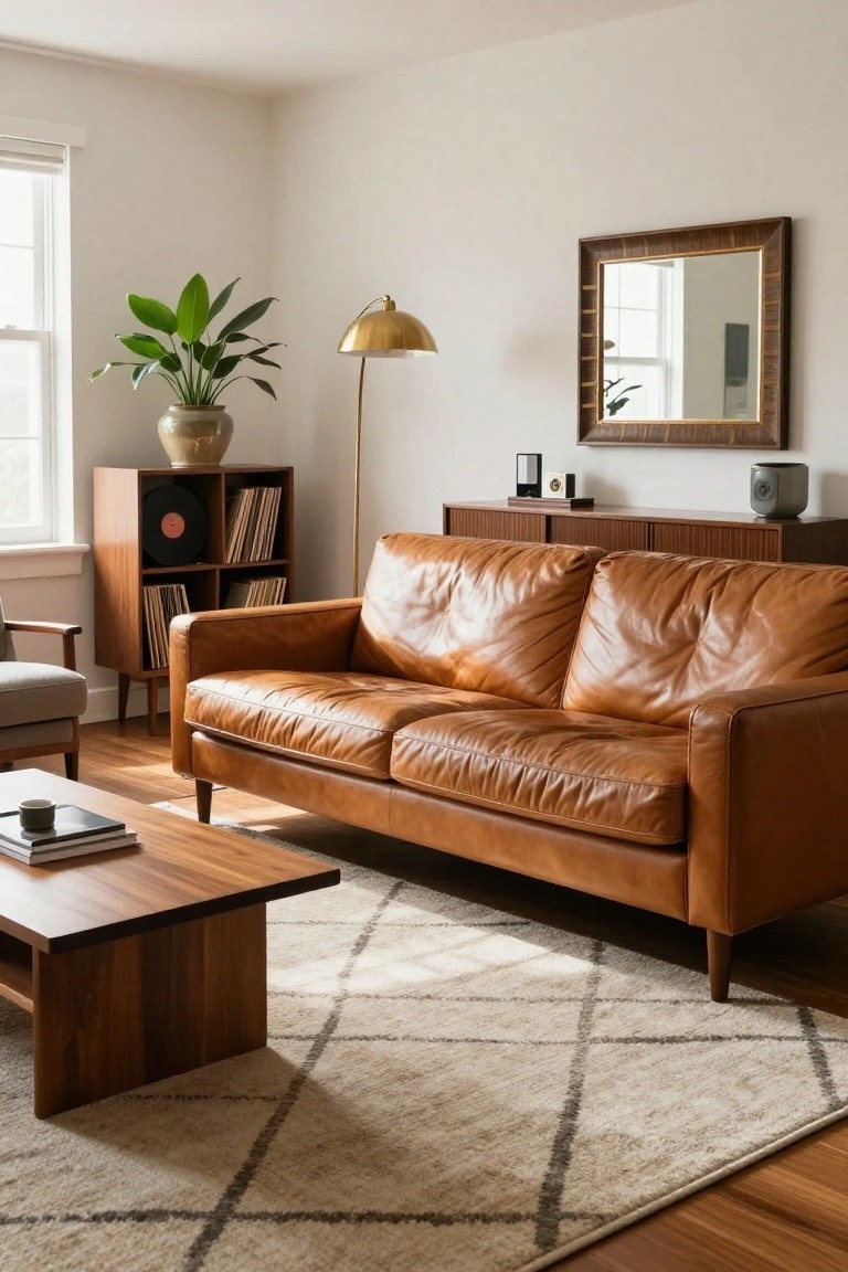 A bright living room with a tan leather sofa, wooden coffee table and credenza, record storage cabinet, potted plant, gold floor lamp, and framed mirror on white walls over hardwood floors.