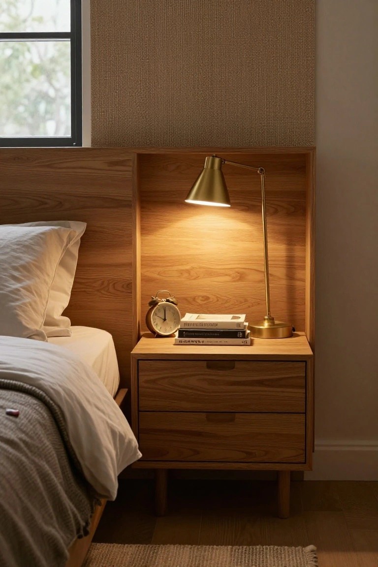 A wooden nightstand with two drawers stands beside a bed, topped by a recessed niche holding a brass lamp, books, and an alarm clock.