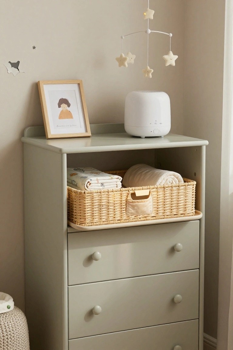 A sage green dresser in a nursery features an open shelf holding a woven basket with folded baby clothes and blankets, with a white humidifier and small framed picture on top.