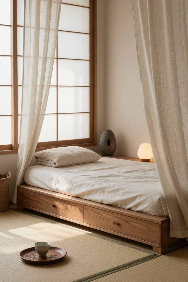 A low wooden platform bed with built-in drawers rests on tatami mats beside a shoji screen window in a calm bedroom.