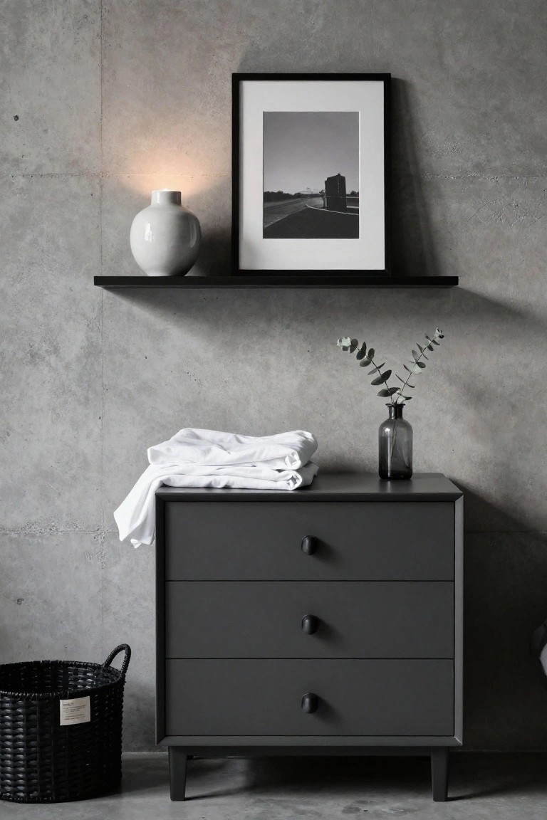 Gray dresser with folded linens, vase, and framed art on concrete wall.