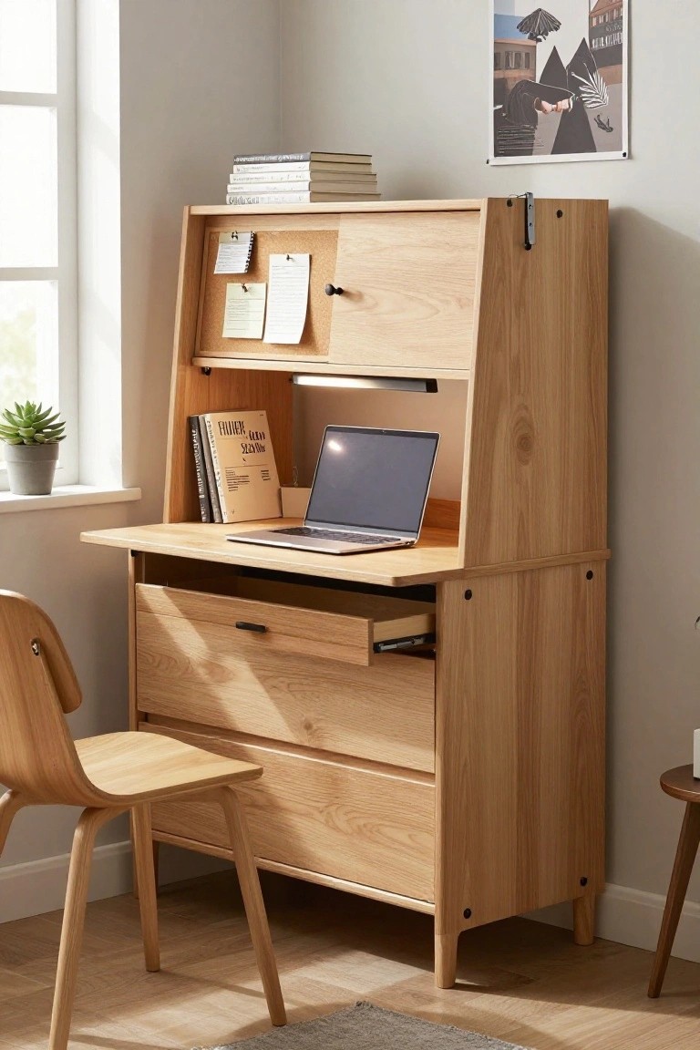 A light wood desk hutch with multiple drawers, an open desk surface holding a laptop, and upper corkboard storage in a bedroom corner.