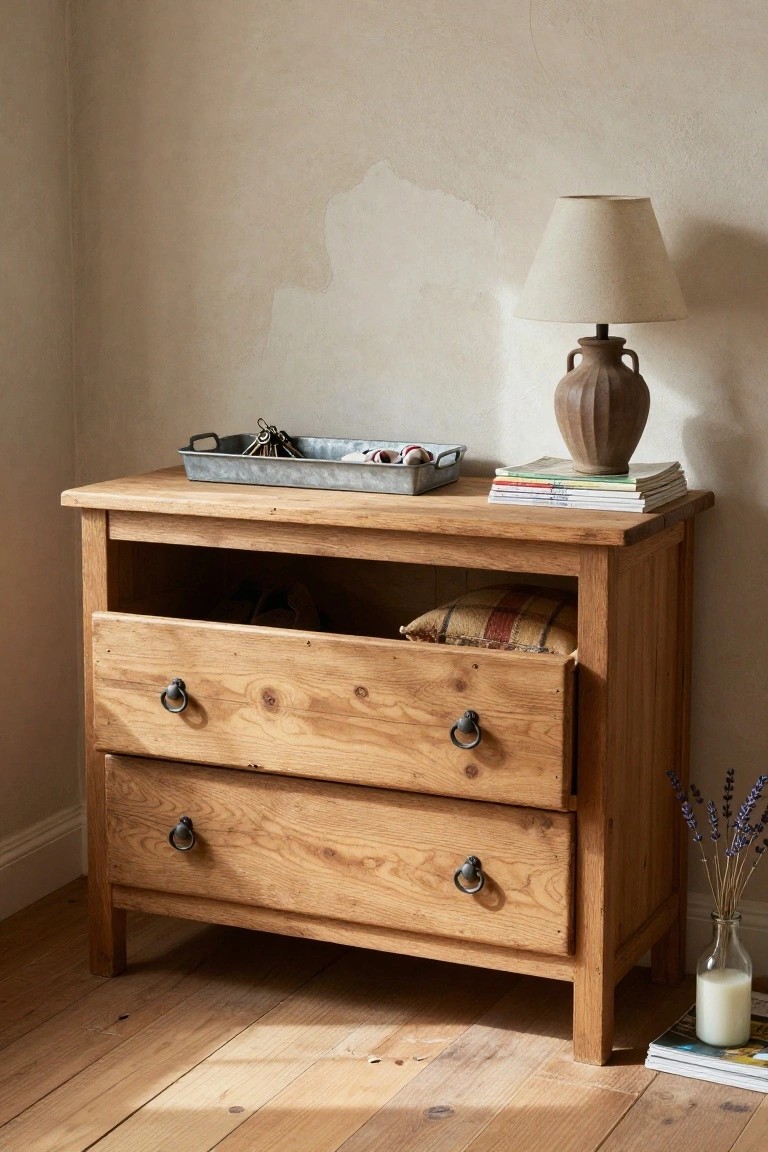 A light wood dresser with two drawers and an open upper compartment, topped with a lamp, books, and a metal tray.