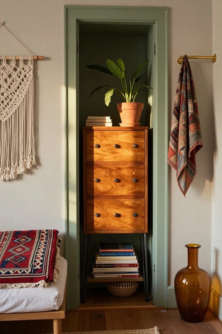 Wooden dresser in alcove with plant, books, and hanging textiles.