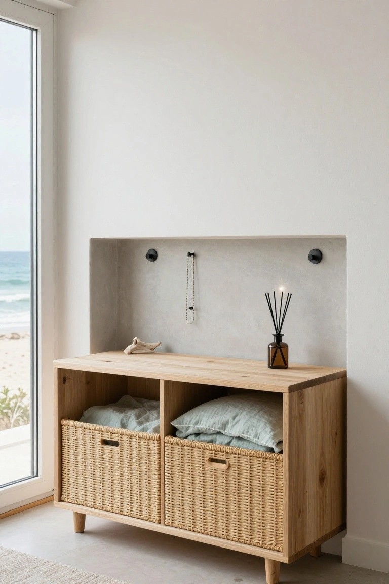 A light wood storage cabinet with two woven baskets in the lower compartments sits below a recessed wall niche with hooks.