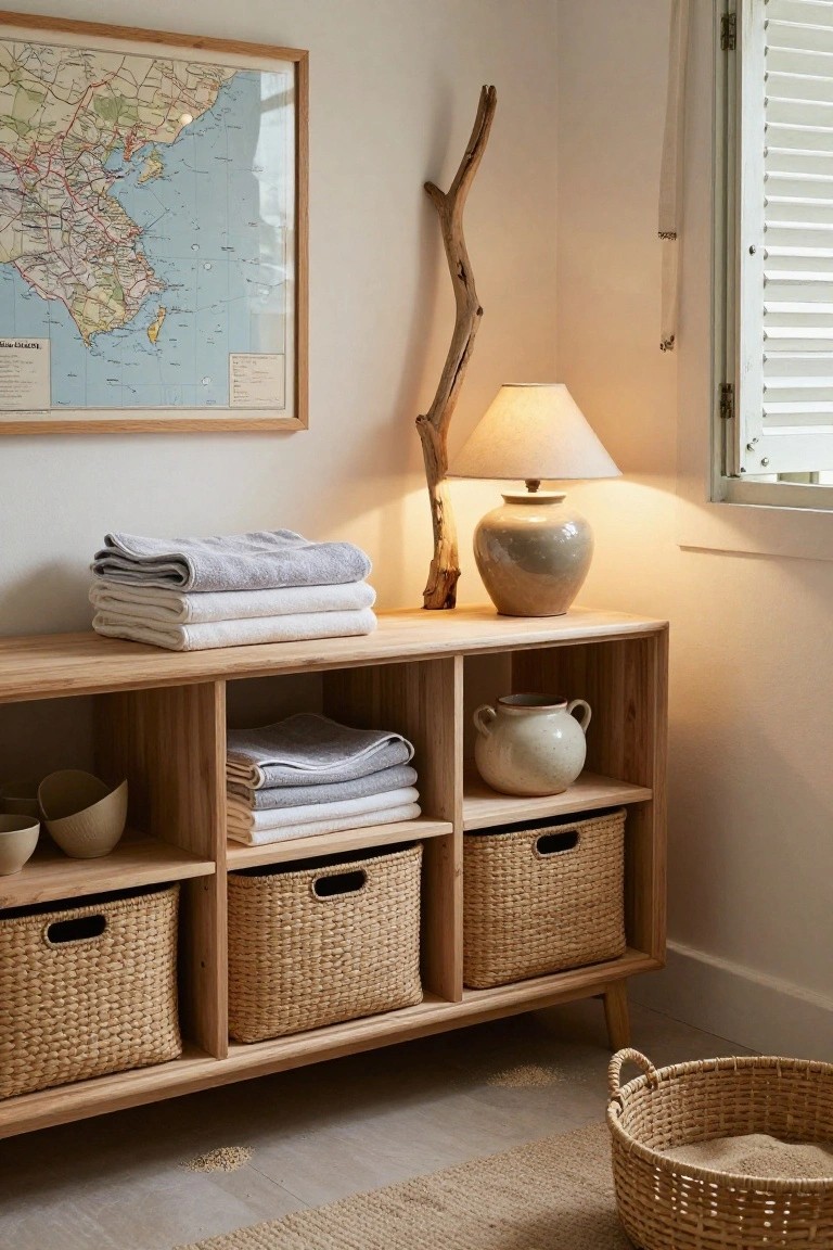 A low wooden storage unit with cubby shelves, woven baskets, folded towels, a ceramic lamp, and a framed map hanging above it.