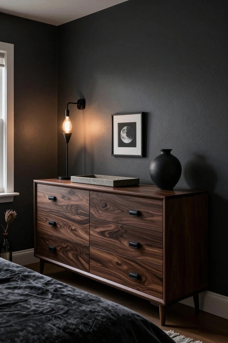 Dark wood dresser with moon art and black wall accents.