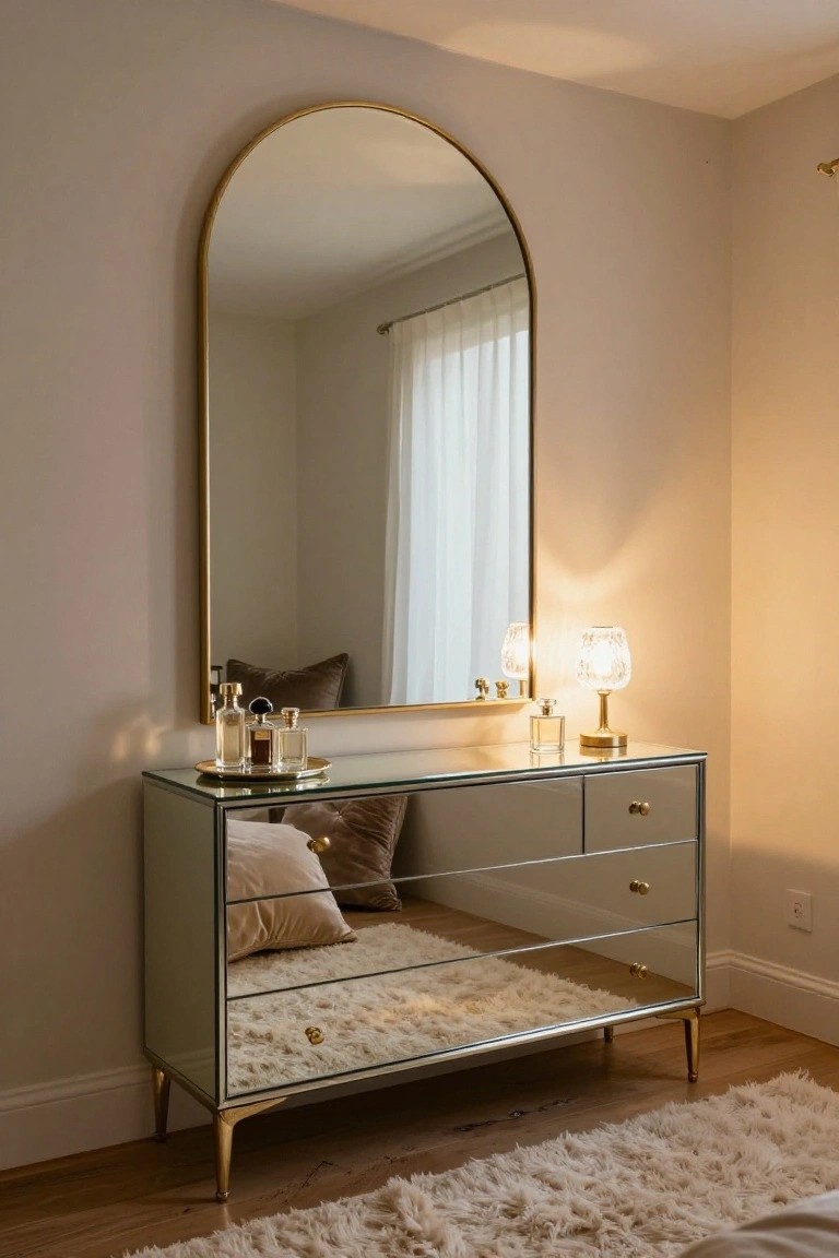 A mirrored dresser with gold trim and legs stands beneath a large arched mirror in a bedroom with wood floors and white rugs.