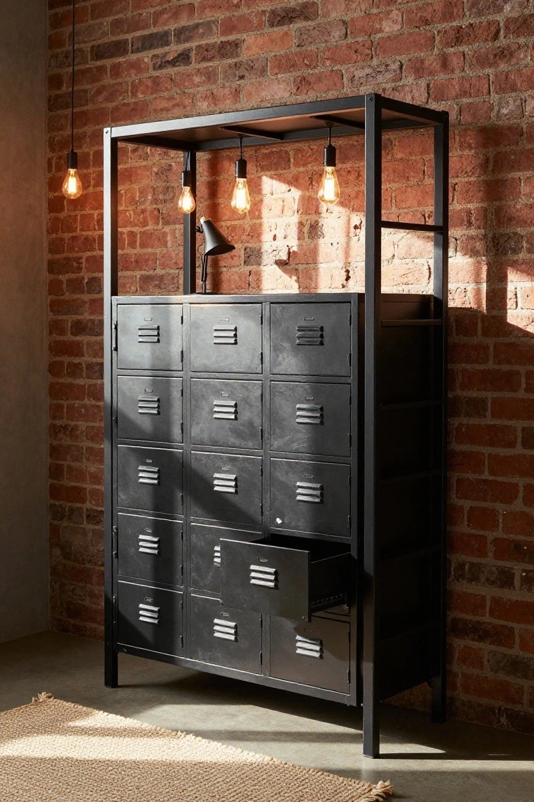 Black metal locker cabinet with open drawer against brick wall.