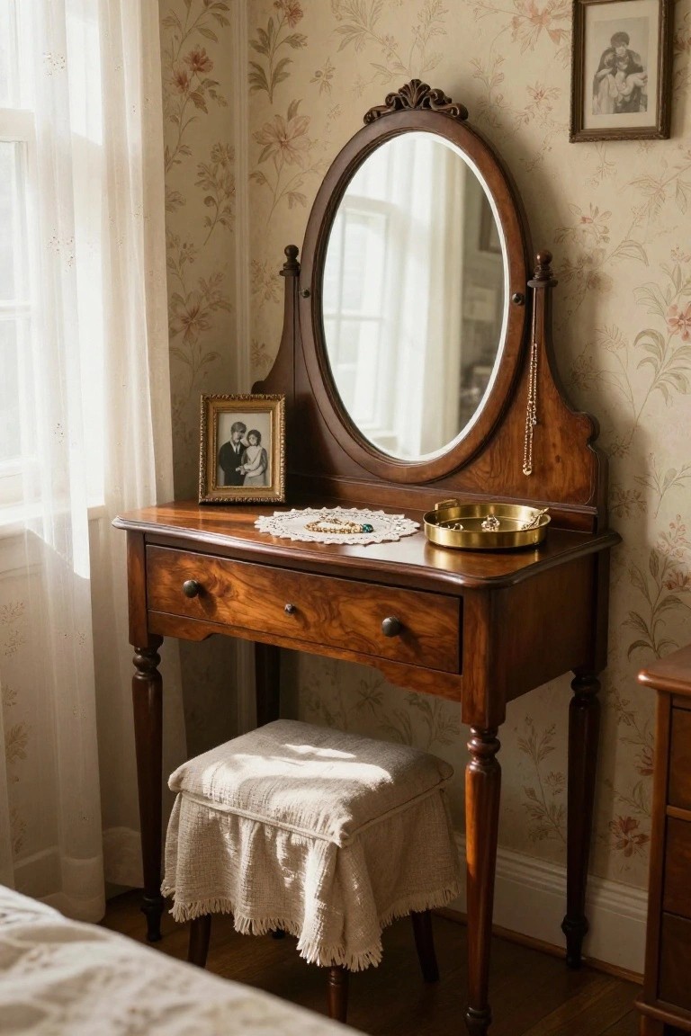 Vintage wooden vanity with oval mirror, stool, and jewelry on floral wallpaper.