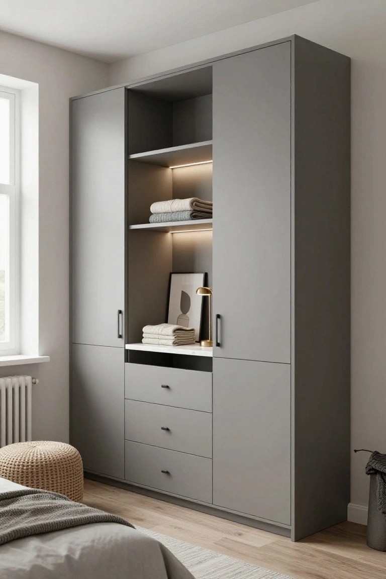Modern gray wardrobe with open shelves, drawers, and LED lighting in a bedroom.