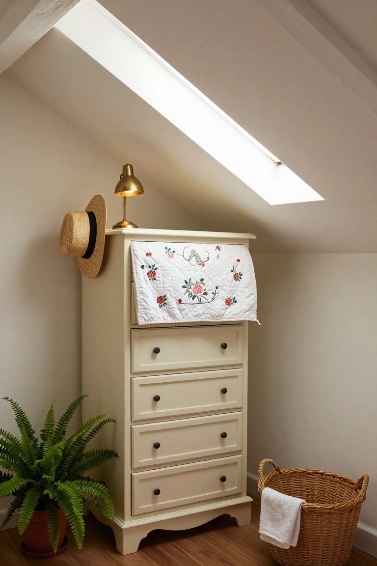 A cream-colored tall dresser with four drawers and a floral quilt draped over the top stands in a small room beneath a skylight.