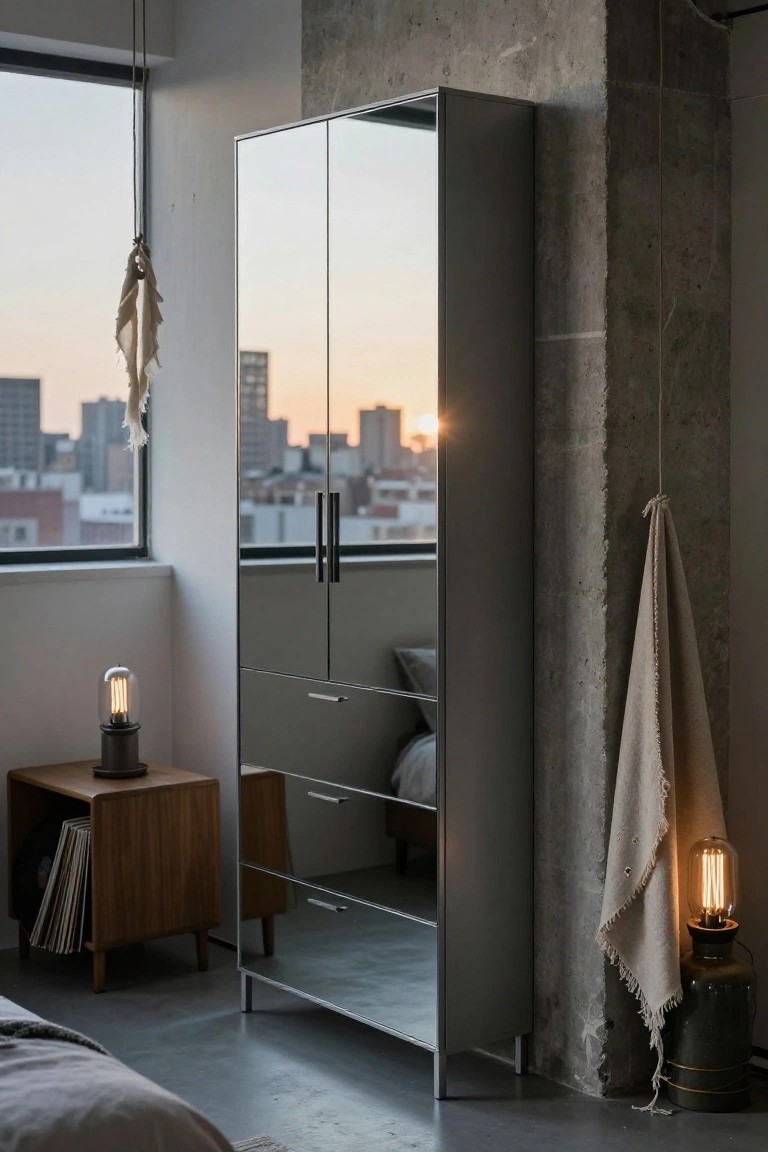 A tall gray mirrored wardrobe with drawers stands in a bedroom beside a window and concrete wall.