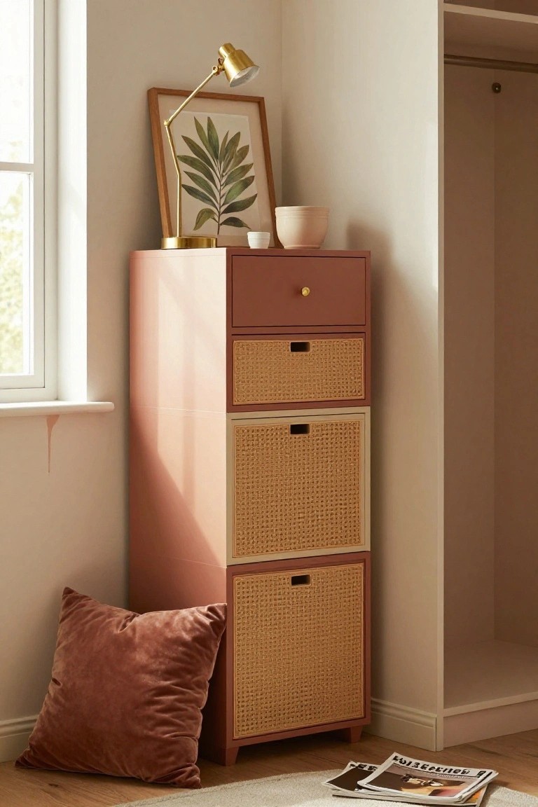 A tall narrow dresser with pink and terracotta sections and woven rattan drawers stands in a bedroom corner next to a window.