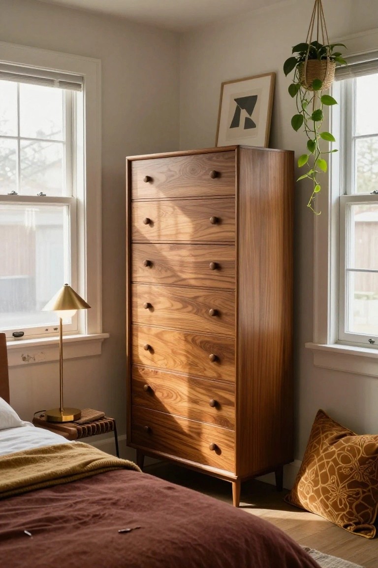 Wooden dresser with nine drawers in sunlit bedroom corner.