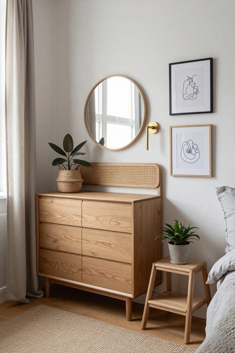 Wooden dresser with woven cane, mirror, framed art, and stool in a bedroom.