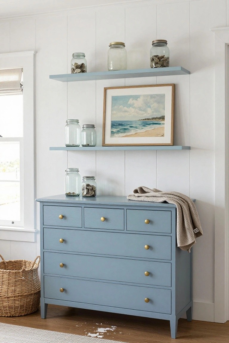 A blue painted dresser with brass knobs sits beneath two light blue wall shelves holding glass jars and a framed beach print in a white room.