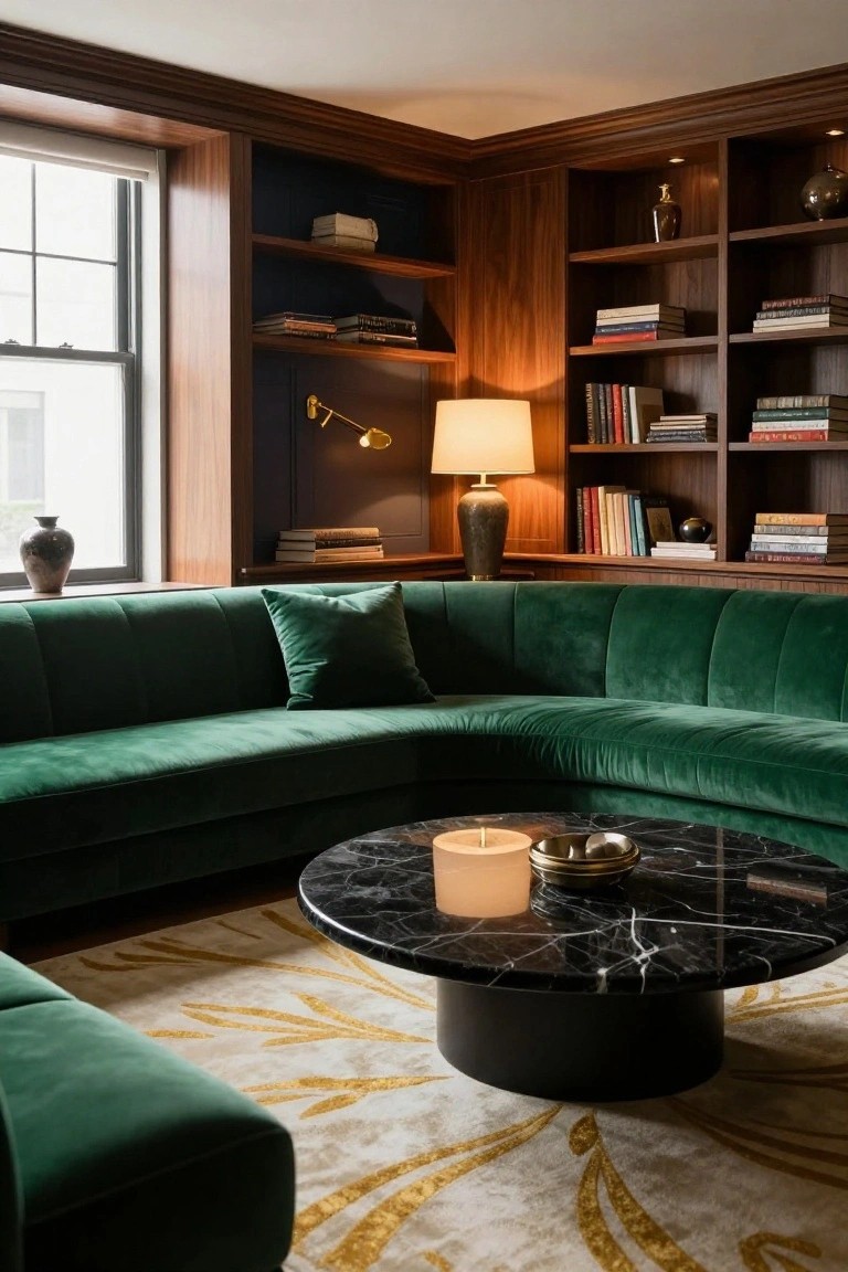 Corner of a living room with dark wood built-in bookshelves lining the walls, a curved emerald green velvet sofa, round black marble coffee table holding a candle, and a large window with white shade.