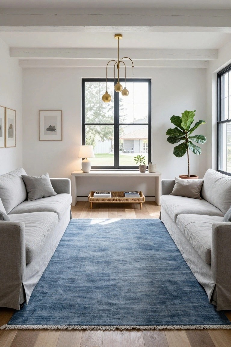 A living room with two facing gray slipcovered sofas on a blue rug, a low wooden console table and tray in between, a large fiddle leaf fig plant near a black-framed window, and white walls with wood beams.