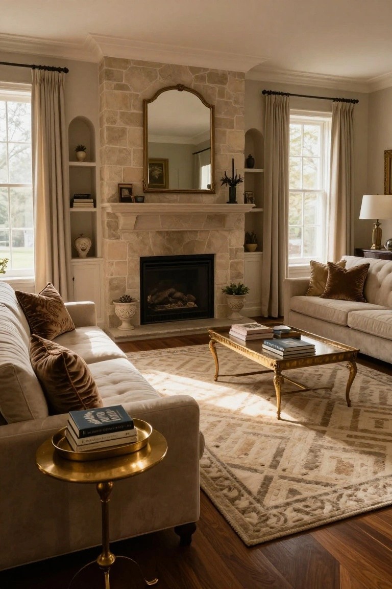 A spacious living room with two cream tufted sofas facing each other across a gold glass-topped coffee table on a beige patterned rug, stone fireplace mantel with mirror, and large curtained windows.