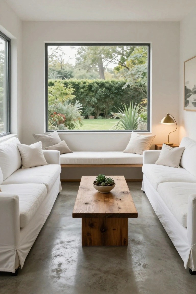 A modern living room with two white slipcovered sofas facing each other across a wooden coffee table on a polished concrete floor, large black-framed window overlooking a garden with plants and grass.