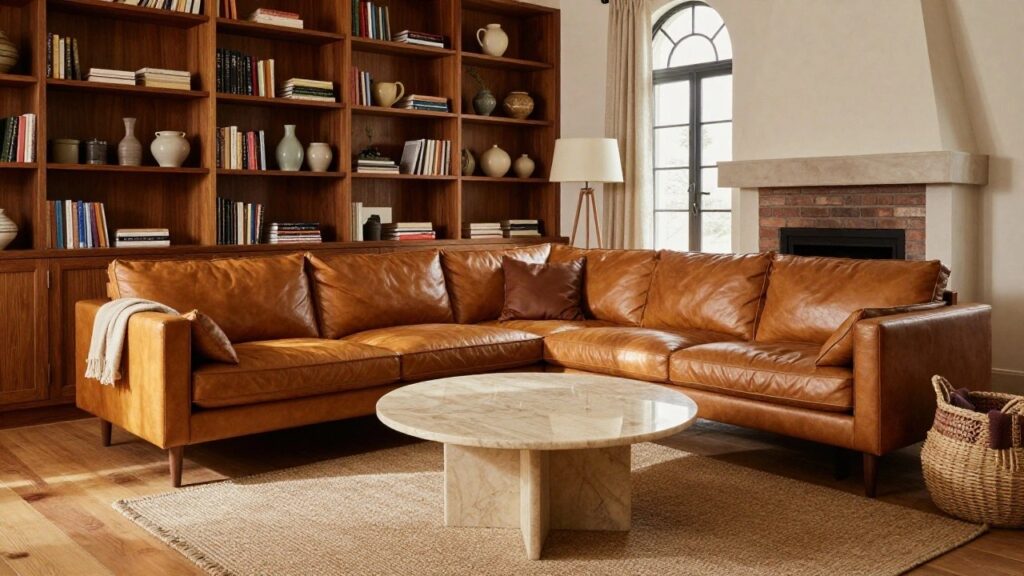A spacious living room with tan leather sofa facing a brick fireplace, flanked by wood bookshelves filled with books and ceramics, a marble coffee table, arched window with sheer curtains, and floor lamp.