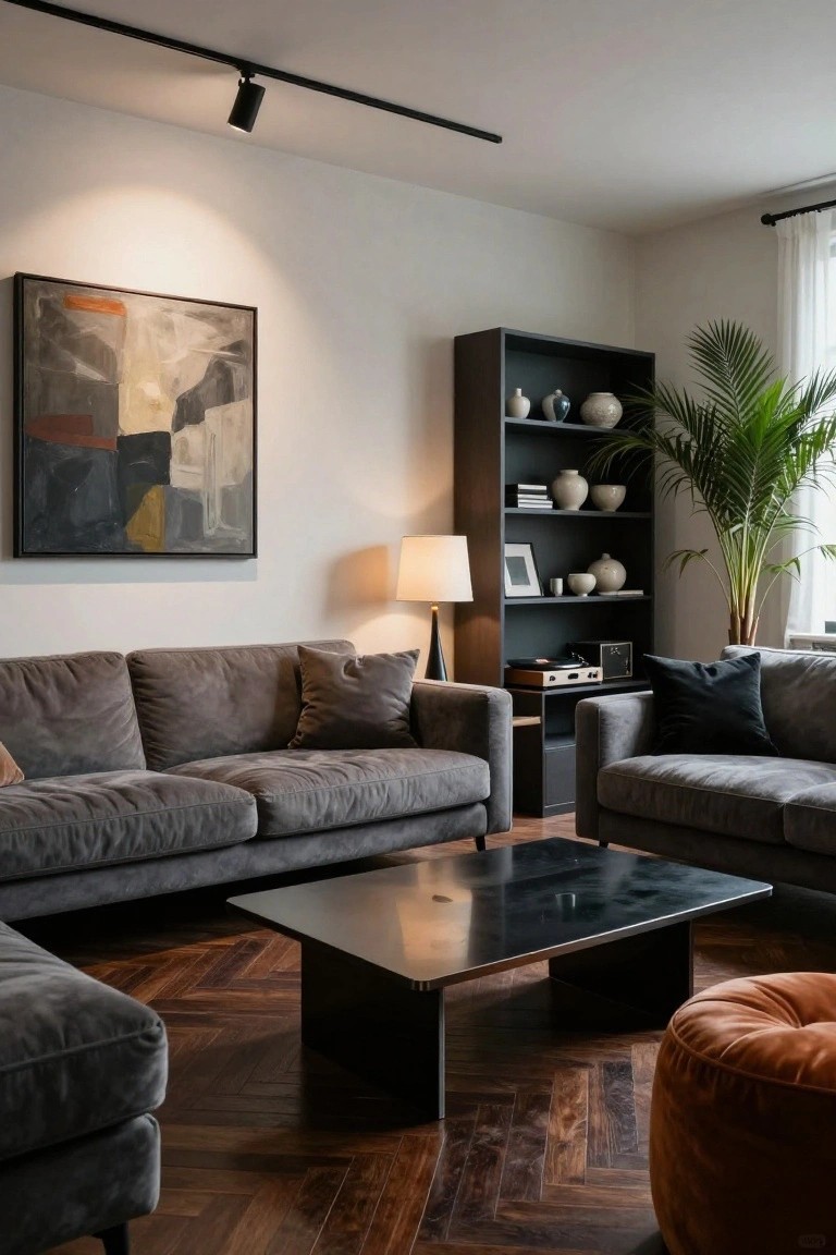 Modern living room with two gray velvet L-shaped sofas arranged around a rectangular black metal coffee table on herringbone wood floors, next to a tall dark bookshelf holding ceramics and a potted palm plant.