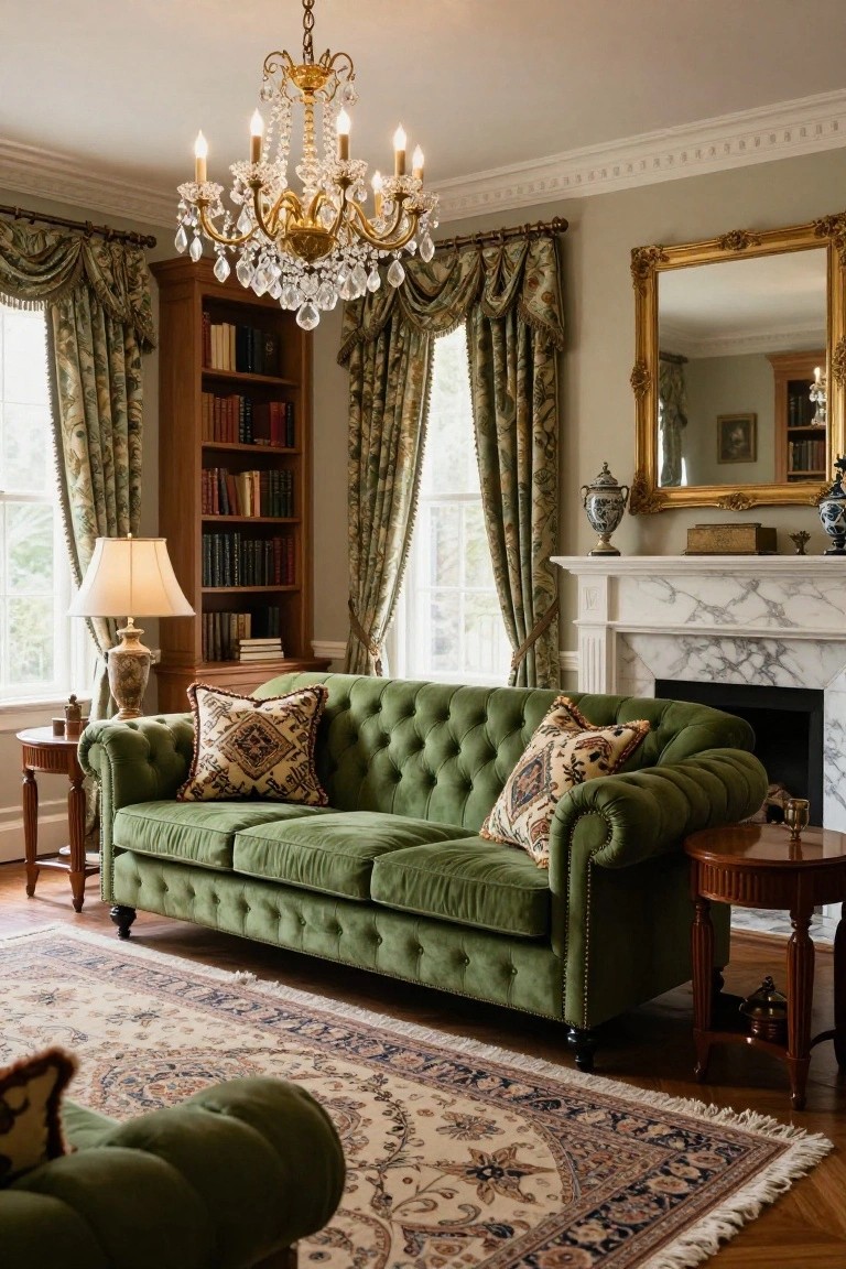 A green velvet tufted Chesterfield sofa sits in a traditional living room with bookshelves, a chandelier, marble fireplace, large curtained windows, and a patterned rug.