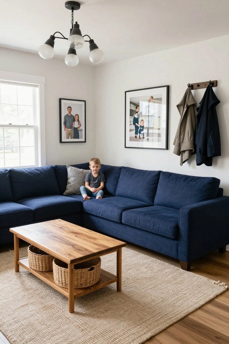 A young boy sits on a navy blue L-shaped sectional sofa in a bright living room with white walls, a wooden coffee table holding wicker baskets, family photos in black frames, coats on a wooden wall rack, and a large window.