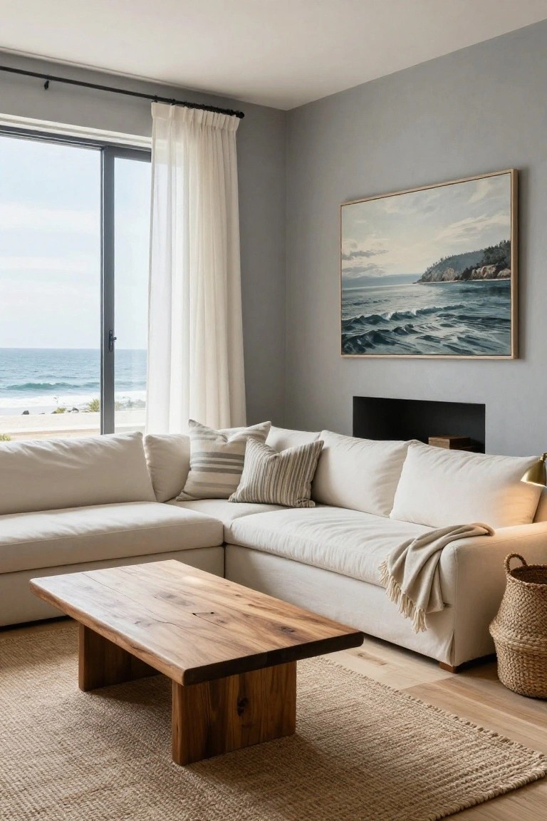 Cream L-shaped sofa in a gray-walled living room with large window overlooking ocean waves and beach, wooden coffee table on beige rug, seascape painting above black fireplace, white curtains, and seagrass basket nearby.