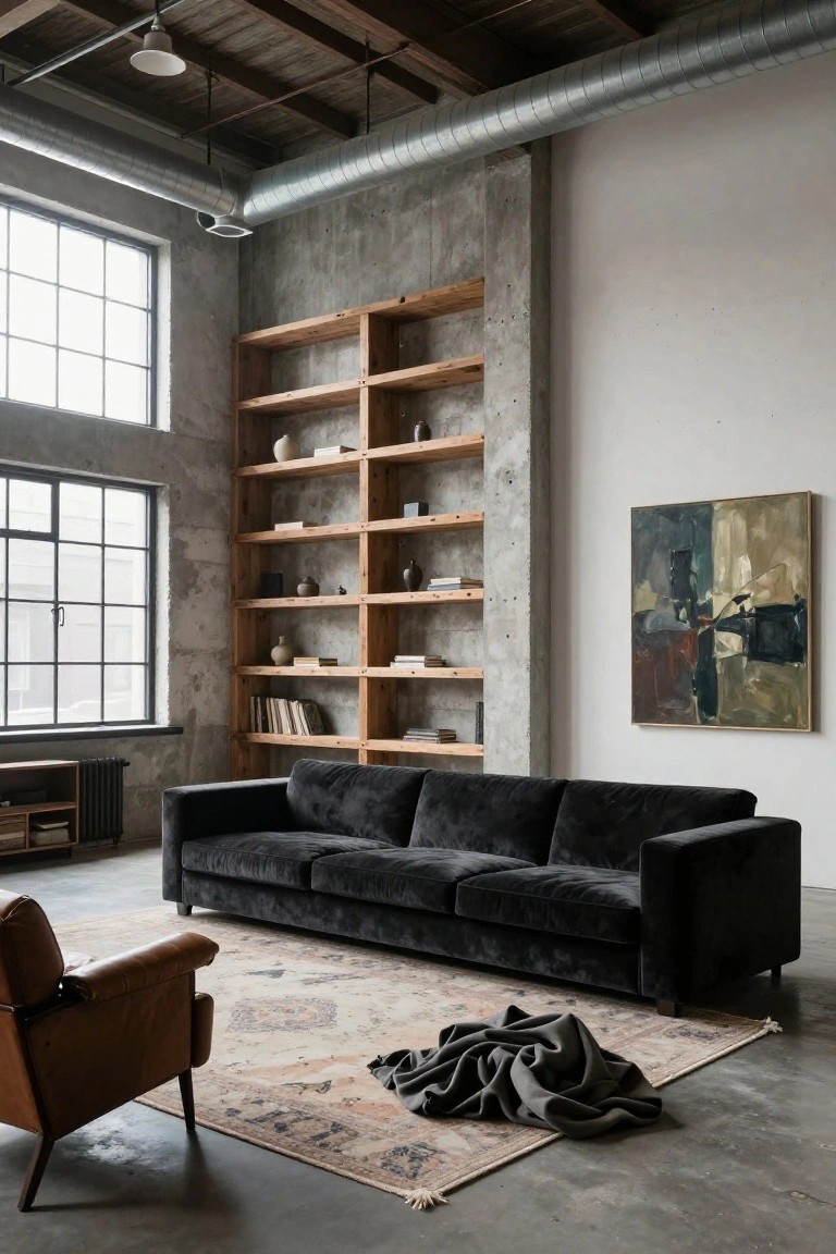 Spacious industrial loft living room with long black velvet sofa, tall wooden bookshelves against concrete wall, tan leather armchair, patterned rug on polished concrete floor, and large factory windows.