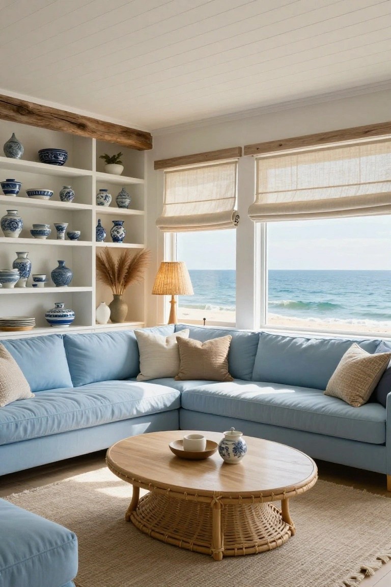 Light blue L-shaped sectional sofa in a corner of a white-walled living room with wooden shelves displaying blue and white pottery, large windows with beige blinds overlooking a sunny beach and ocean, round wood coffee table with blue and white ceramics, and beige rug.