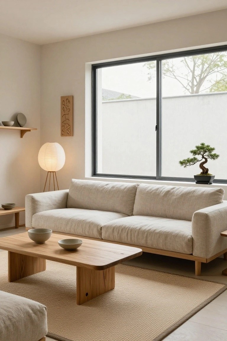 Beige linen sofa on wooden legs in a light-colored living room with low wooden coffee table, paper floor lamp, bonsai tree on windowsill, and side tables.