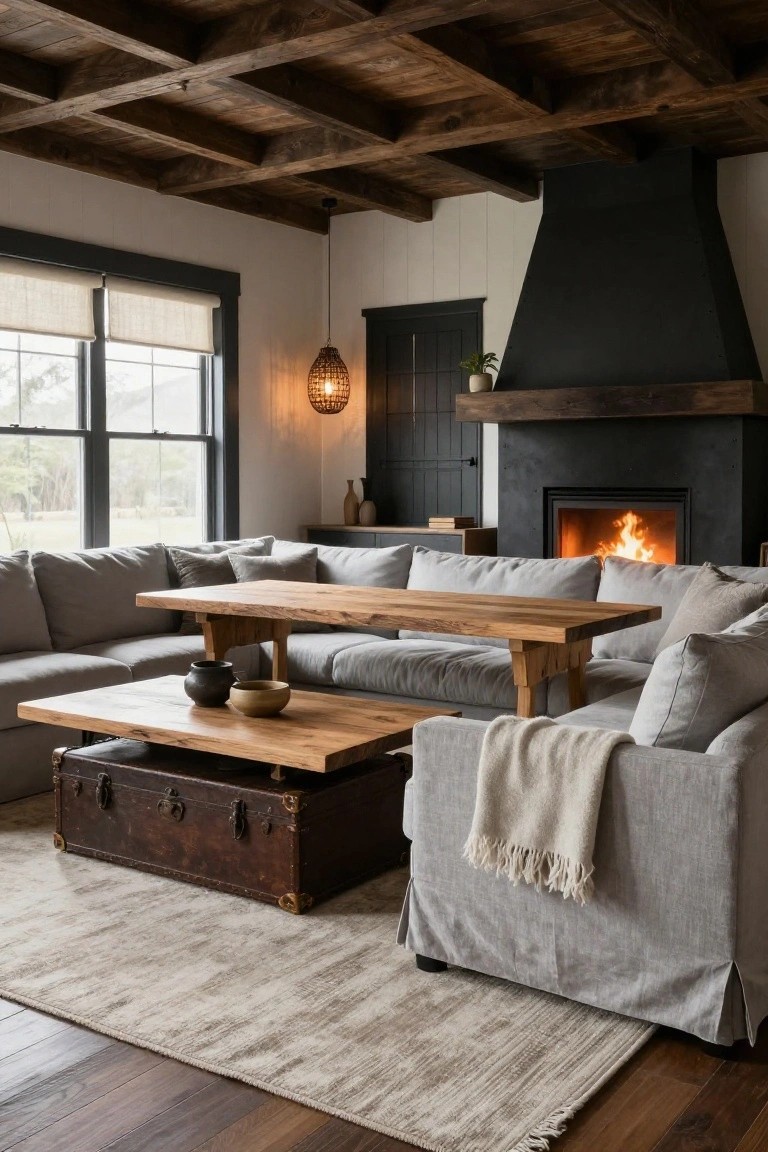 Spacious living room with white shiplap walls, exposed wood beam ceiling, large windows with linen shades, black fireplace with burning fire, multiple low gray fabric sofas arranged around wooden tables and a leather trunk on a neutral rug over hardwood floors.