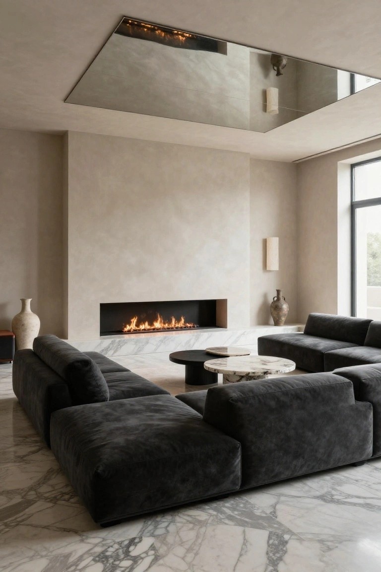 Contemporary living room with mirrored ceiling, beige textured walls, linear gas fireplace, two tall terracotta vases, black modular L-shaped sofas around round and oval marble coffee tables, and white veined marble flooring.
