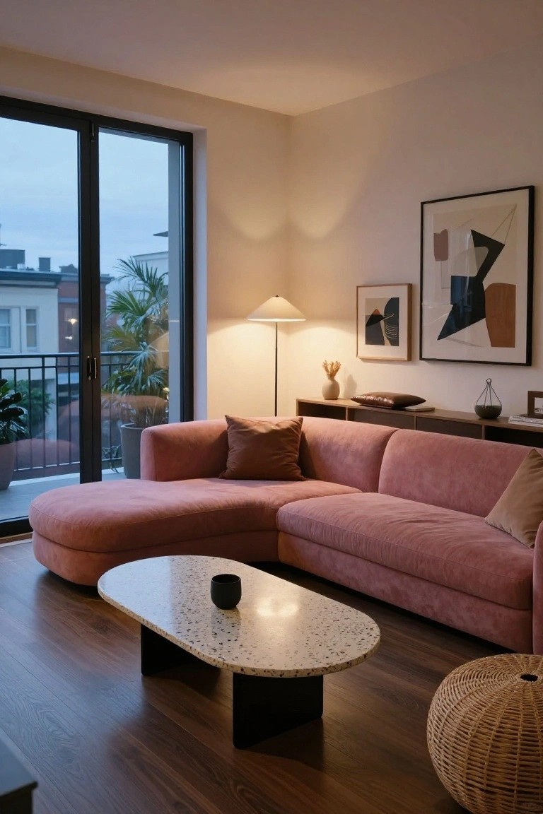 Modern living room with large curved blush pink velvet sofa, oval white terrazzo coffee table, floor lamp, abstract wall art, shelving unit, and sliding glass doors to balcony with plants.