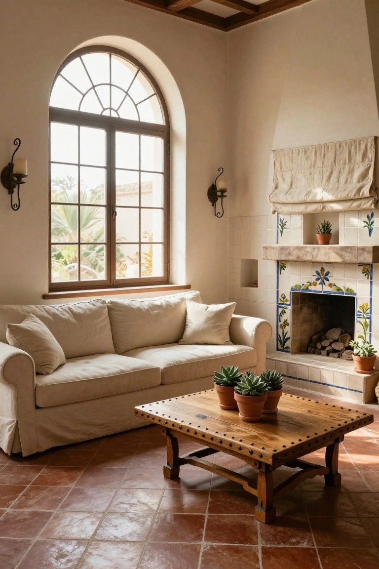 A large cream slipcovered sofa in a sunlit living room with arched window overlooking palms, ornate tiled fireplace with firewood, wooden coffee table holding potted succulents, wall sconces, and terracotta tile floor.