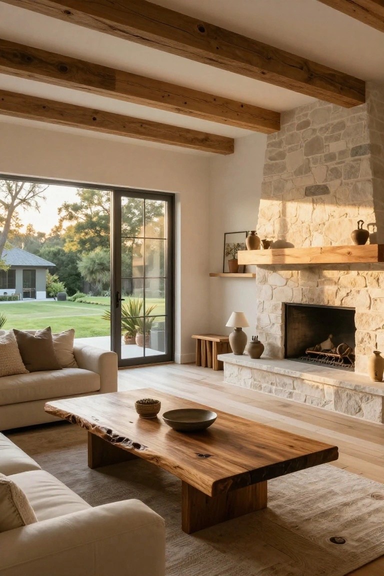Light beige sofa with throw pillows in a spacious living room featuring wooden ceiling beams, light stone fireplace, large black-framed sliding glass doors to a green yard, live-edge wooden coffee table, and neutral rug on light wood floors.