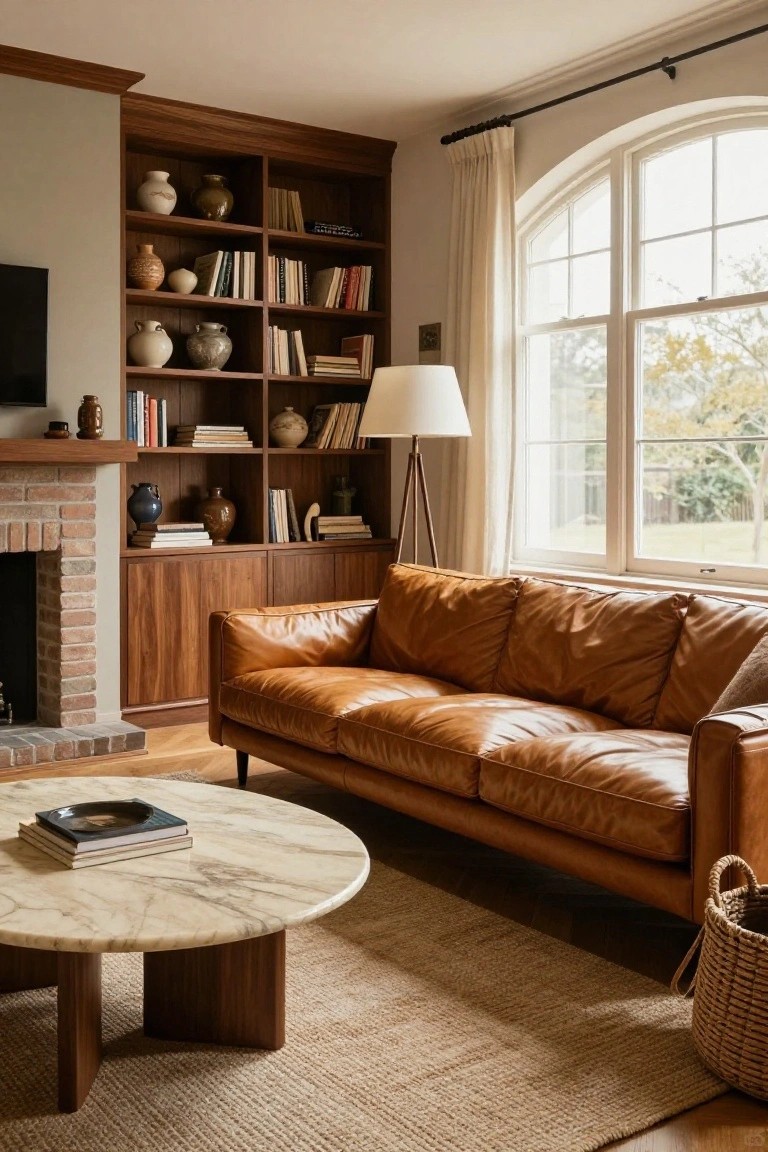 A spacious living room with tan leather sofa facing a brick fireplace, flanked by wood bookshelves filled with books and ceramics, a marble coffee table, arched window with sheer curtains, and floor lamp.
