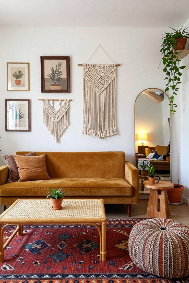 Living room with burnt orange velvet sofa, rattan coffee table, woven pouf ottoman, potted plants, macrame wall hangings, framed plant art, gold arched floor mirror, and red patterned rug on white walls.