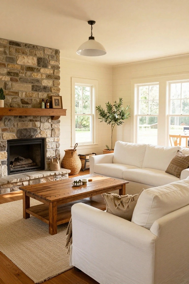 A large white L-shaped slipcovered sofa in a light-colored living room with a stone fireplace, wooden coffee table, potted plants, and large windows overlooking greenery.